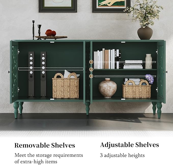 ARTPOWER 63" Retro Arc Carved Sideboard Buffet Cabinet, 4 Craft Doors Wooden Accent Credenza for Living Room, Dining Room, Entryway, Hallway, Green