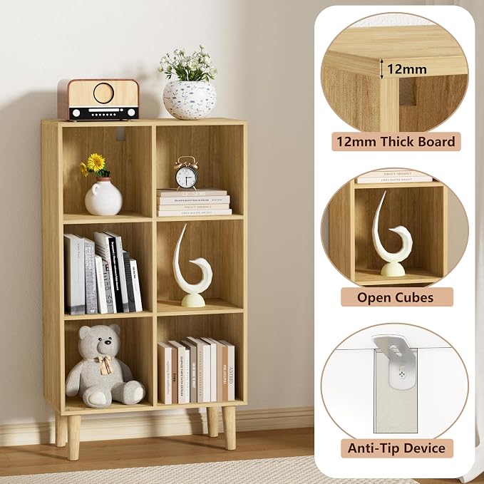 6 Cube Bookcase, Wooden Book Shelf Cube Storage Organizer with Legs, 3 Tier Bookshelf Freestanding Open Shelves for Bedroom, Living Room and Home Office (Oak, 6 Cube Vertical)