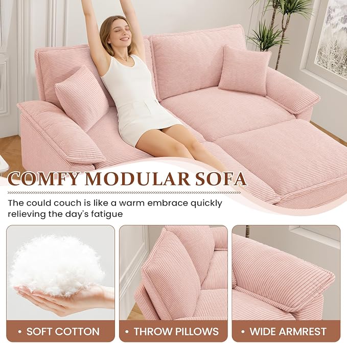 Modular Sectional Sofa Cloud Couch, Comfy Corduroy Loveseat with Ottoman Upholstered Deep Seat Sleeper Sofa Bed 2 Seater Couch Oversized Chaise Lounge Chair Indoor for Living Room Bedroom, Pink