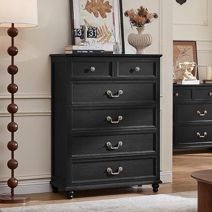 Farmhouse 6 Drawer Dresser Set of 2 for Bedroom, 42" Tall Rustic Chests of Drawers w/ 4 Solid Wood Feet, Mid Century Vintage Wooden Closet Storage Dressers Organizer for Living Room,Black