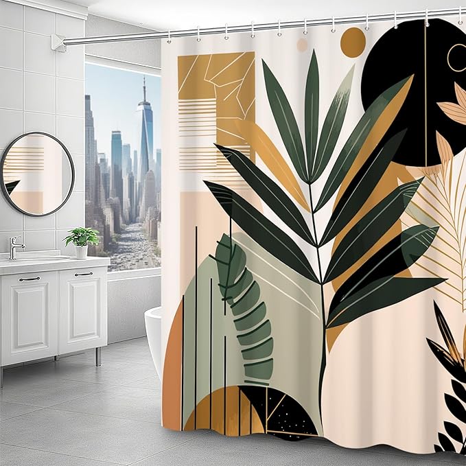 Boho Shower Curtain Mid Century Style Plant Leaves Bathroom Curtain Modern Abstract Graphic Waterproof Fabric Decor Shower Curtain with Hooks 72x84 Inch