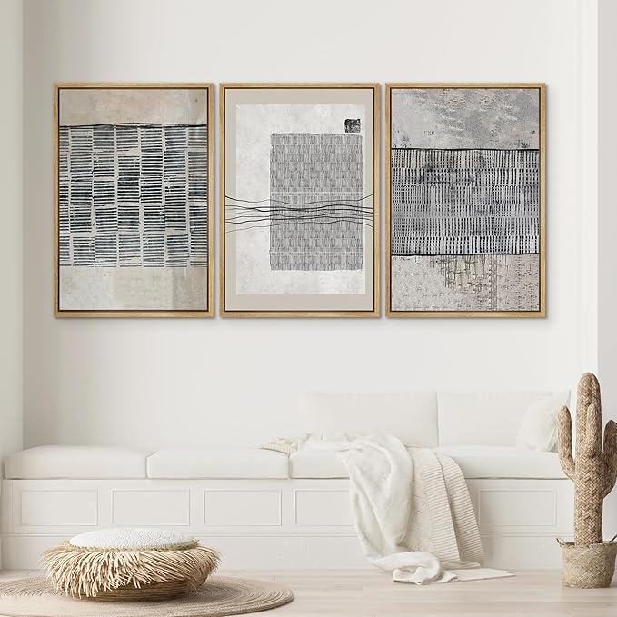 SIGNWIN Framed Canvas Print Wall Art Set Black Tan Industrial Line Art Pattern Abstract Shapes Cozy Neutral Decorative Contemporary Minimal for Living Room, Bedroom, Office - 24"x36"x3 Natural