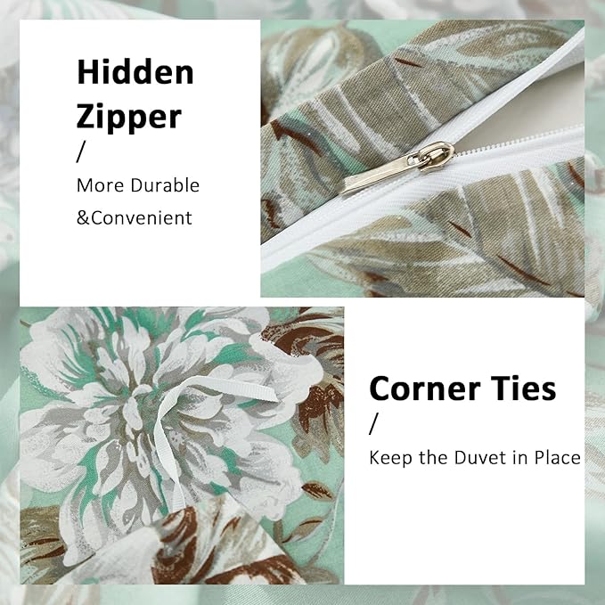 Floral Duvet Cover Queen Size Soft 100% Nature Cotton Vintage Style Green Bedding Set with Zipper Closure 3 Pcs Cottagecore Botanical Duvet Cover, Ultra Soft, Breathable