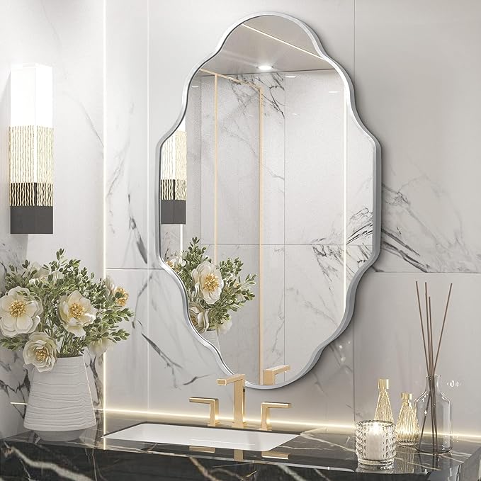 Scalloped Mirror for Bathroom - 24"x36" Silver Bathroom Mirror with Aviation Aluminum Alloy Frame & Shatter-Proof Glass for Living Room Bedroom Entryway, Brushed Silver Frame(x1)