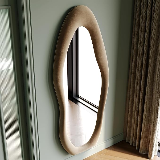 Honyee Full Length Mirror, 63" x 24" Wall Mirror, Flannel Wrapped Wooden Frame Floor Mirror, Irregular Wavy Mirror Hanging or Leaning Against Wall for Cloakroom/Bedroom/Living Room, Milk Tea