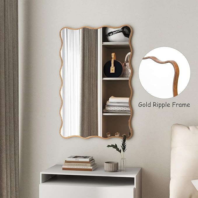 SHYFOY Wall Mirror Decorative, Antique Mirror Gold Wavy Mirrors 20x30” Irregular Mirrors Asymmetrical Ripple Wall Mirrors Abstract for Hallway Living Room Bedroom Entryway