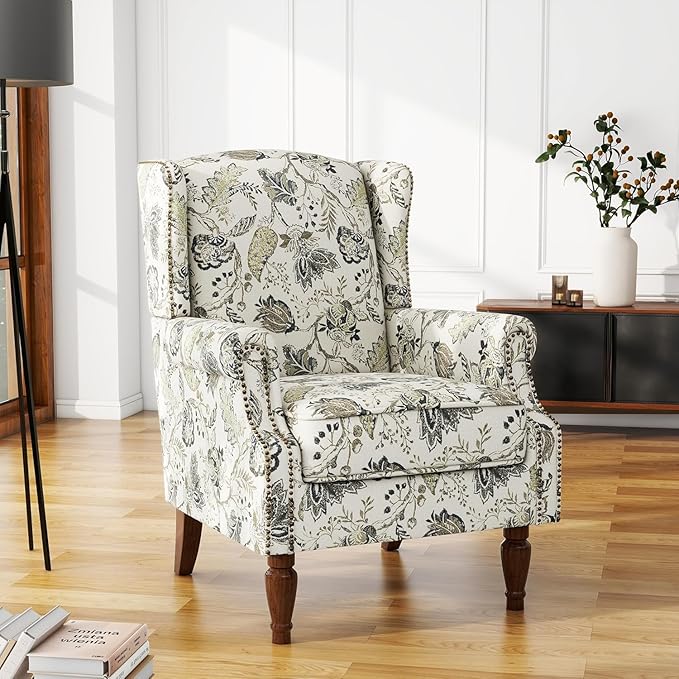 High Back Floral Accent Chairs Set of 2, Fabric Upholstered Armchair for Living Room, Retro Printed Wingback Arm Chair Nailhead Trim Single Sofa Bedroom Reading Seat - Beige Plants