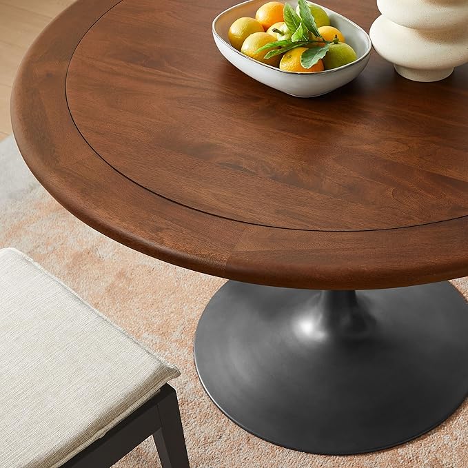 Modway Lippa 48 Inch Round Wood Dining Table with Metal Pedestal in Black Walnut - Modern Industrial Dining Table for 4 People - Solid Wood Tulip Kitchen Table