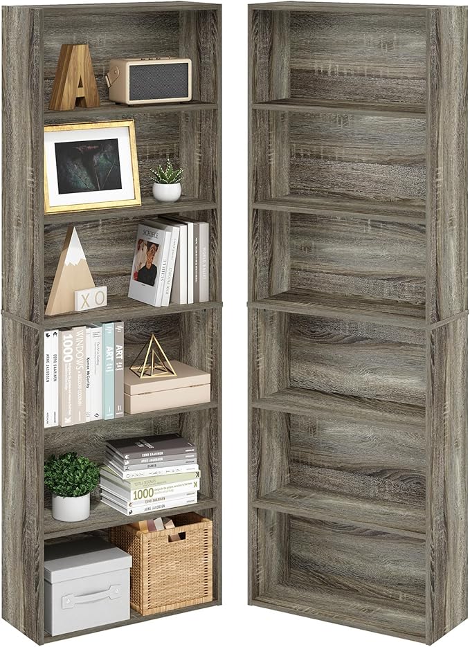 Furinno Jaya Book Shelf Set of 2, 6-Tier Bookshelf, Bookcase, 9.5 x 24.6 x 71, for Home Office, Living Room, French Oak