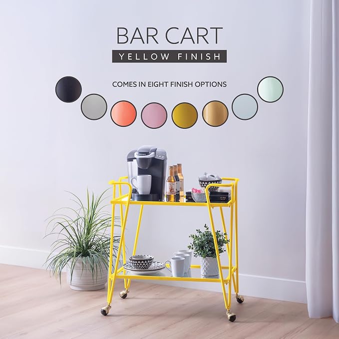 Linon Gina Yellow Mid Century Bar Cart with Mirrored Shelves