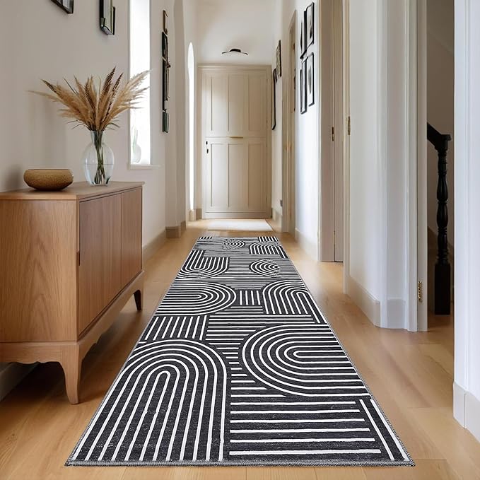 Modern Rug 2.5x8 Runners for Hallways, Abstract Kitchen Runner Rugs Non Slip Bath Runners, Rainbow Washable Runner Rug for Bedroom, Soft Long Rugs for Entryway Bathroom Laundry Dorm, Black