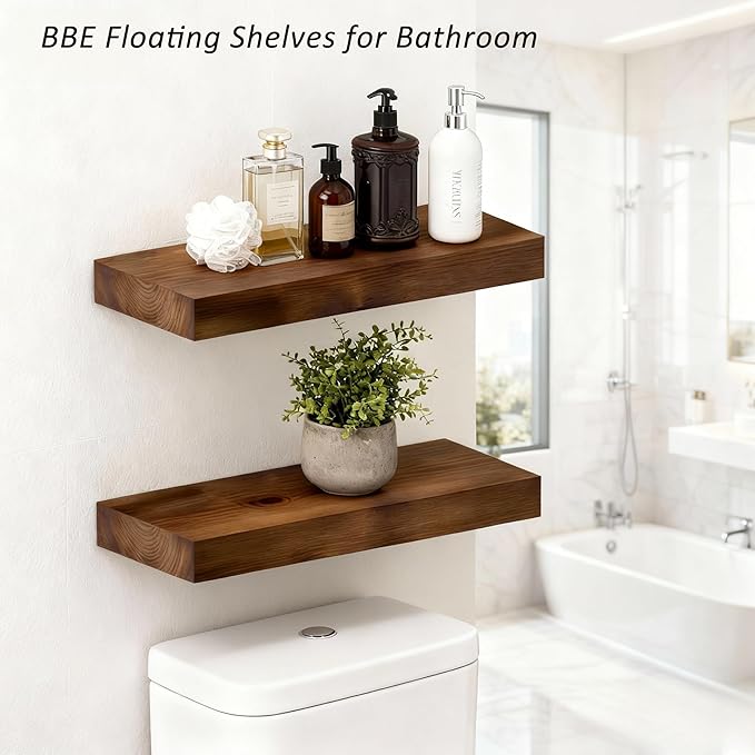 BEE Floating Shelves for Room Wall Rustic Walnut Wooden Bathroom Wall-Mounted Shelf Over Toilet Decor 16 Inch Storage Wood Shelves for Living Room, Bedroom, Kitchen Farmhouse 16D x 6.7W Set of 2