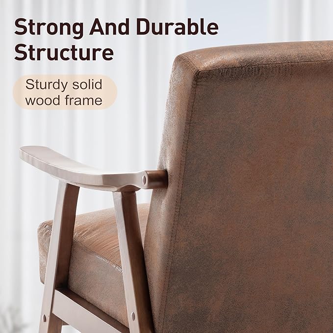 Furnimart Accent Chairs Set of 2, Mid-Century Modern Chair Reading Chairs with Extra-Thick Backrest, Wooden Armchairs for Living Room, Bedroom, Waiting Room, Brown Fabric