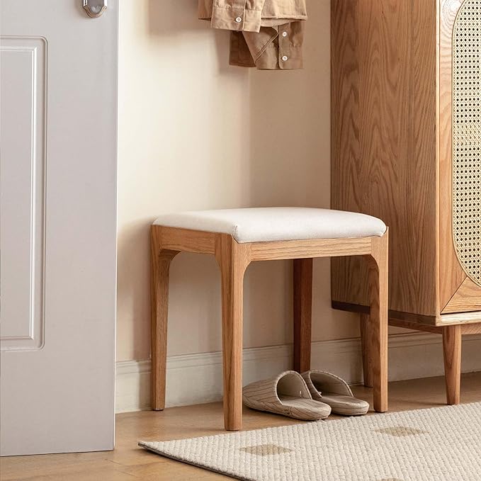 Vanity Stool, Ash Wood Vanity Chair, Wooden Chair for Vanity with Upholstered Cushions for Living Room, Bedroom