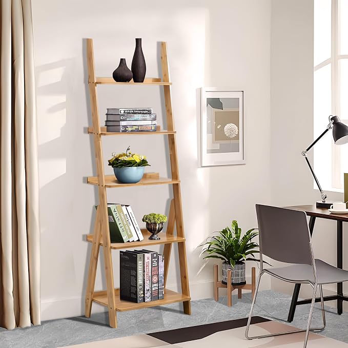 DOUSY- 5-Tier Bamboo Ladder Shelf Ladder Bookshelf Plant & Flower Stand Bookcase, Freestanding Storage Rack Organizer Display Shelf for Living Room, Home Office, Bedroom, Balcony, Natural Wood