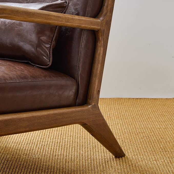Glitzhome 2 Set Mid Century Coffee Accent Armchair, Single Reading Armchair PU Leather Lounge Chair with Walnut Ruberwood Frame