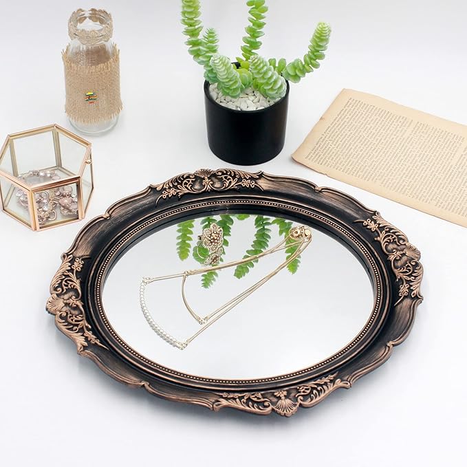 Eaoundm 13.1 x 14.8 inchs Plastic Frame Decorative Wall Mirror,Vintage Hanging Mirrors for Bedroom Living-Room Dresser Decor Oval (Vintage Gold Bronze)