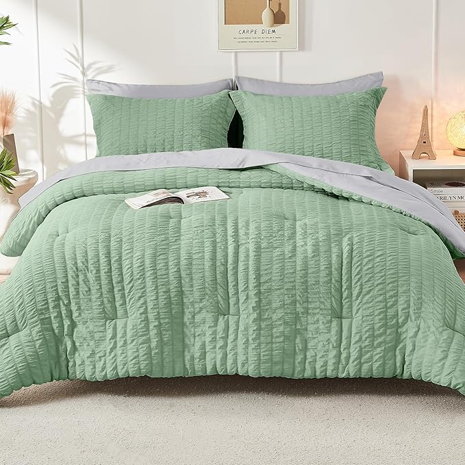 HYMOKEGE Sage Green/Light Grey Full Size Comforter Sets Seersucker 7 Pieces, All Season Luxury Bed in a Bag for Bedroom, Bedding Set with Comforter, Sheets, Pillowcases & Shams
