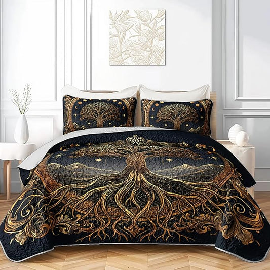 AILONEN Golden Tree of Life Twin Quilted Comforter Set 3 Piece, Celestial Moon Phase Bedspread Coverlet with 2 Pillow Shams, Soft Mystic Forest Bedding for Kids Dorm Room