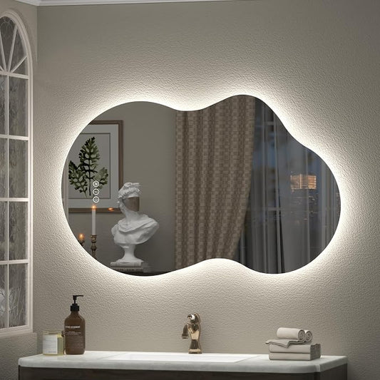 24x36 Inch Asymmetrical LED Bathroom Mirror, Irregular Cloud LED Lighted Vanity Mirror with Lights for Wall, Anti-Fog, Dimmable, 3 Colors, Memory (Horizontal/Vertical)