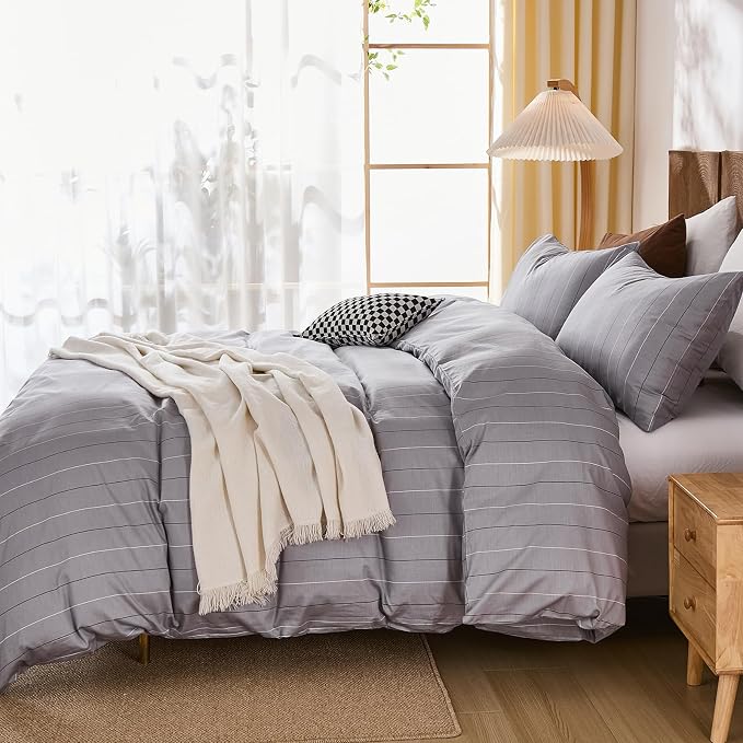 Merryword 100% Cotton Stripe Duvet Cover Set Queen Size - Gray Striped Duvet Cover Set with Zipper Closure & 8 Corner Ties, Modern Minimalist Wide Stripe Bedding Set for Cozy Elegant Bedroom