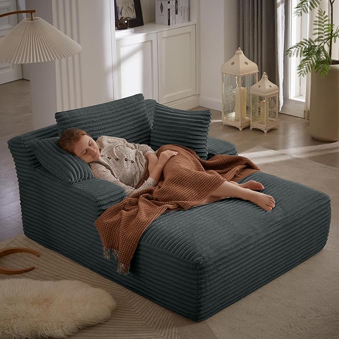 50" Chaise Lounge Chair Indoor, Oversized Corduroy Lazy Sofa Bed Sleeper Chair with 3 Pillows & Spring Cushion, Boneless Couches for Living Room Apartment, Dark Grey