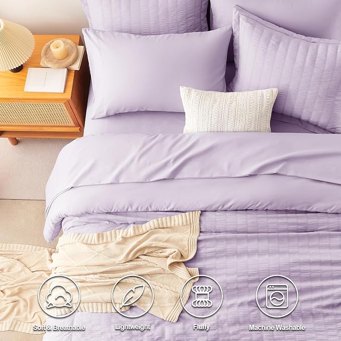 CozyLux King Size Comforter Set Light Purple, 7 Pieces Seersucker Textured Luxury Bed in a Bag Lavender, All Seasons Bedding Set with Down Alternative Comforter, Sheets, Pillowcases & Shams, Home Gift