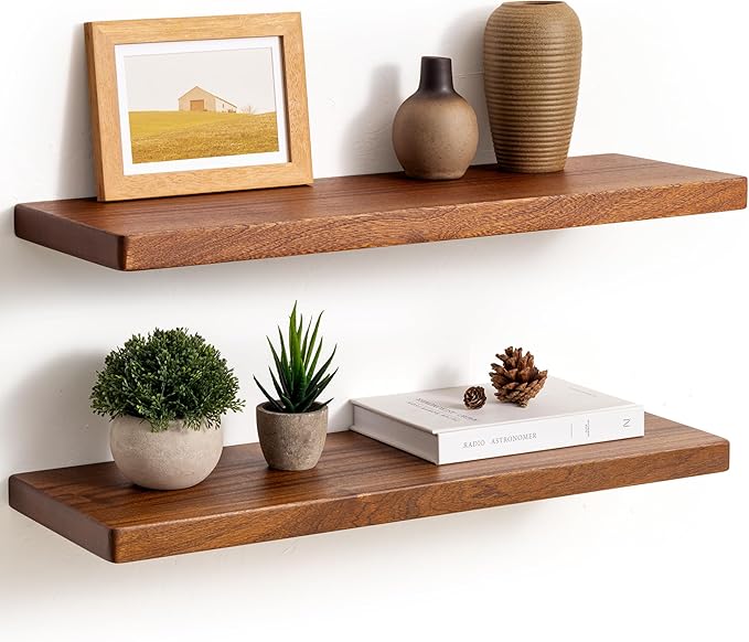 Fun Memories 24 Inch Floating Shelves, Rustic Solid Wood Wall Shelves Set of 2, 8 Inch Deep Floating Shelf for Bathroom, Bedroom, Heavy-Duty Wooden Shelf Wall-Mounted for Home Decor & Storage