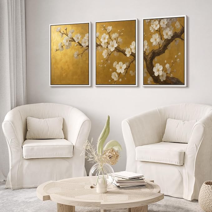 wall26 Framed Canvas Print Wall Art Set Golden Cherry Blossom Tree Elegant Floral Illustrations Fine Art Decorative Rustic for Living Room, Bedroom, Office - 16"x24"x3 White