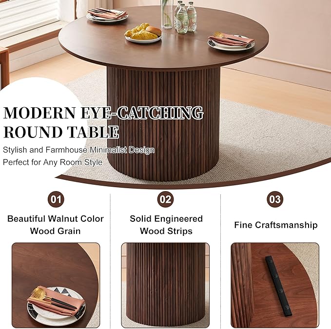 5-Piece Round Dining Table Set for 4, 47-Inch Walnut Kitchen Table and Upholstered Chairs Set for Dining Room, Modern Circle Dinette Table Set with Black Barrel Dining Side Chairs Upholstered