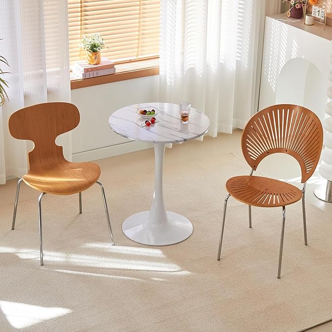 Round Dining Table, 24" Circle Tulip Table with Thickened Tabletop & Metal Pedestal, Mid Century Modern Bistro Table for Kitchen, Small Places, Living Room, Cafe (Marble White)