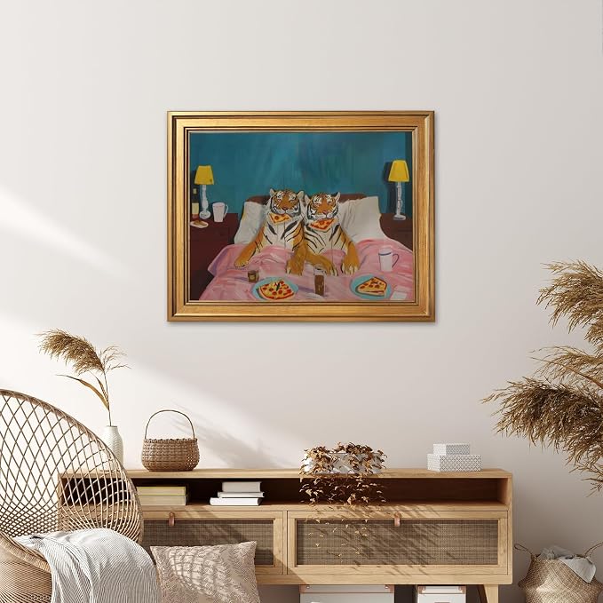 Funny Tiger Eating Pizza in Bed Wall Art Print Trendy Whimsical Dopamine Tigers Couple Poster Maximalist Eclectic Wild Animal Painting Retro Pop Love Jungle Decor for Room 24x36inch Golden frame
