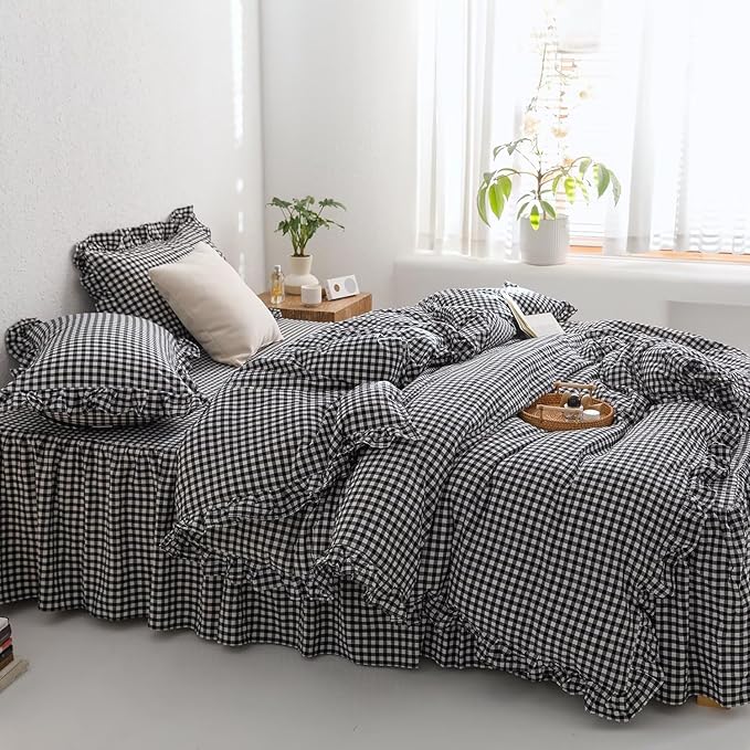 mixinni Black White Gingham Ruffle Duvet Cover Queen Size 3 Pieces – 100% Washed Cotton, Vintage Plaid Ruffled Bedding Set with Zipper Ties, Soft Checkered Grid Farmhouse Chic Comforter Cover Set