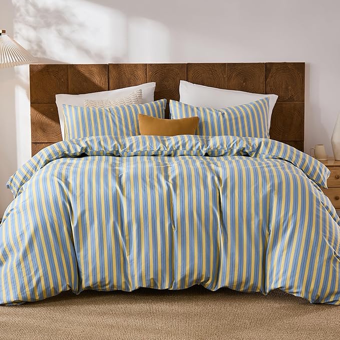 Merryword 100% Cotton Duvet Cover Set King Size, Blue & Yellow Striped Bedding Set with Zipper Closure and 8 Corner Ties, Modern Coastal Style Comforter Cover Set 3 Pieces