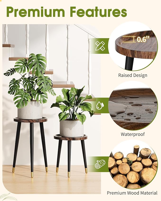 Plant Stand Indoor 2 Pack, Wood Mid Century Indoor Plant Stand, Tall Plant Stands for Flower Pot, Modern Plant Table, Small Side End Table With Raised Design, Walnut, 11.7"x18.8" & 11.7"x13"