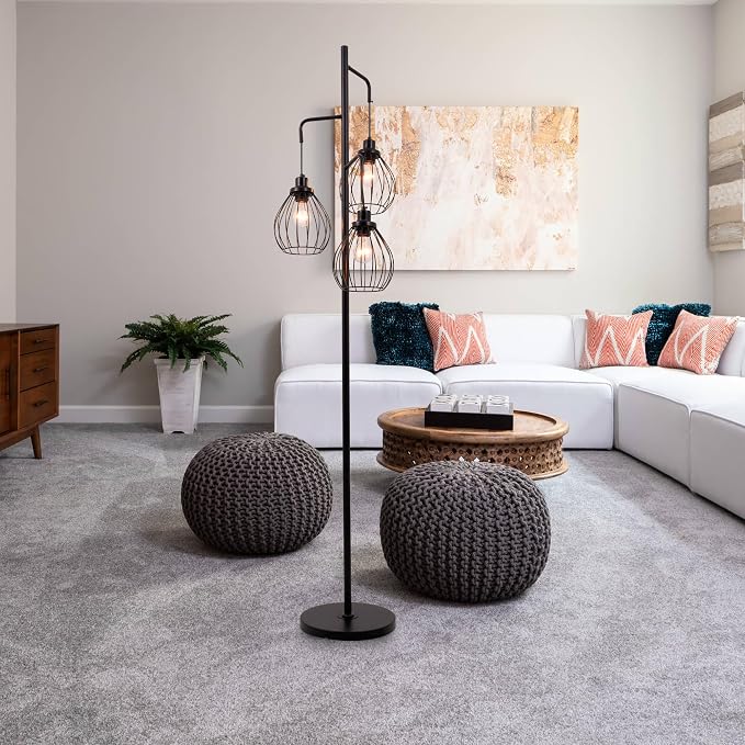Industrial Floor Lamps for Living Room, 3 Lights Farmhouse Tree Floor Lamp, 70'' Tall Pole Standing Lamp with 3 Elegant Teardrop Cage Shades, Vintage Corner Reading Light for Bedroom Office