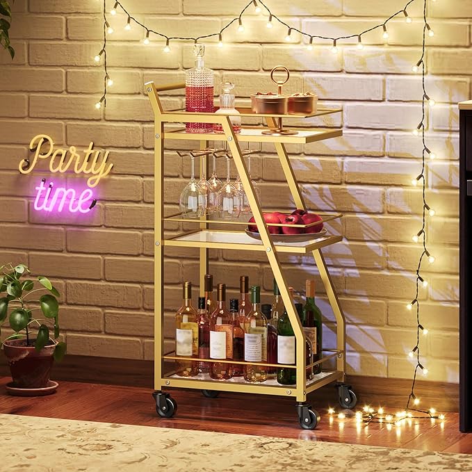 Bar Cart for The Home, Small Bar Cart on Wheels, Home Bar Serving Cart with Glass Holder, for Kitchen, Transparent and Gold BC03GD