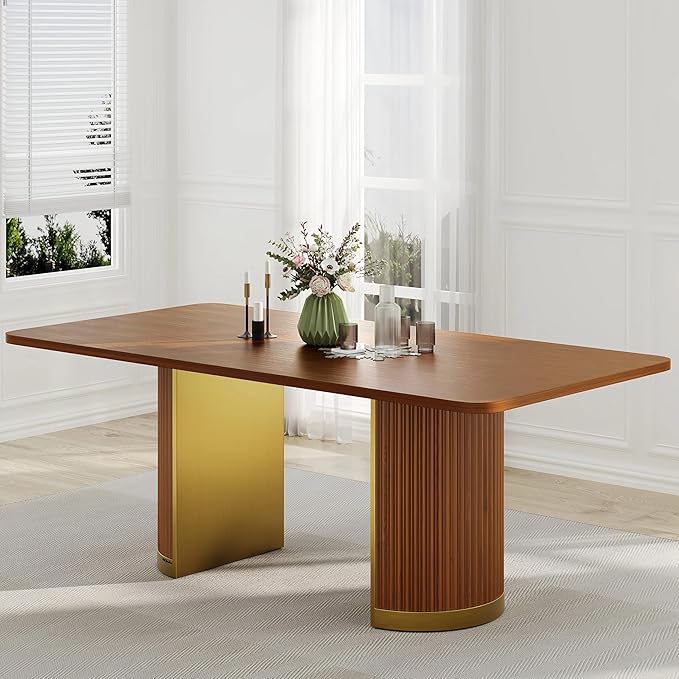 AUZ 78in Farmhouse Dining Table for 4-8, Rectangular Wood Kitchen Table with Walnut Veneer Top and Roman Column Legs, Large Dining Room Table for Dining Room, Living Room