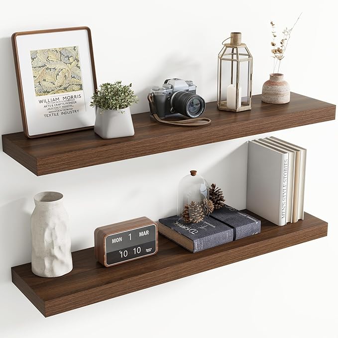 40 Inch Floating Shelves for Wall, 8 Inch Deep Floating Shelf for Storage & Display, Rustic Wall Mounted Shelf with Invisible Brackets for Living Room, Kitchen, Bathroom, Home Decor, Set of 2, Walnut