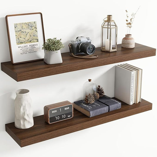 40 Inch Floating Shelves for Wall, 8 Inch Deep Floating Shelf for Storage & Display, Rustic Wall Mounted Shelf with Invisible Brackets for Living Room, Kitchen, Bathroom, Home Decor, Set of 2, Walnut