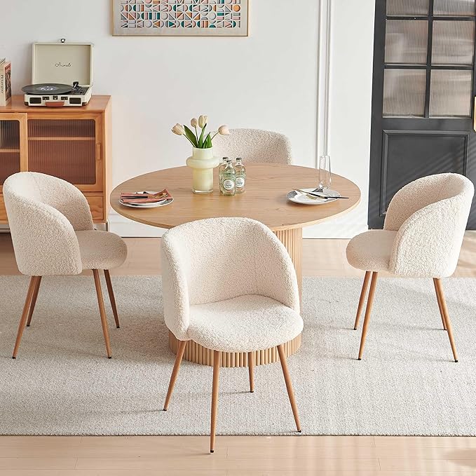 5 Piece Modern Round Dining Table and 4 Off White Barrel Kitchen Chairs Set, 47" Kitchen Table Wooden with Oak Veneer Tabletop, Faux Fur Sherpa Round Dining Chairs Table Set, Metal Frame