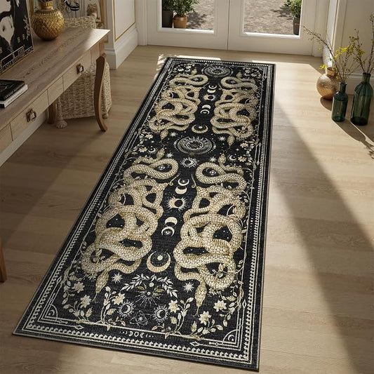 DCX Washable 2x6 Snake Runner Rug, Black Gothic Rug for Living Room, Soft Low Pile Carpet, Kid & Pet Friendly with Rubber Back Non Slip, Stain Resistant Rug for Bedroom Dining Room Office