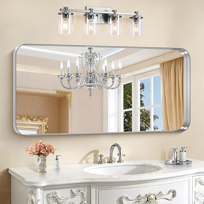 CIRCUMI Silver Bathroom Mirror, 24"x48" Rectangular Mirror with Deep Metal Frame, Rounded Corner, Tempered Glass, Large Mirror for Wall, Over 2 Sinks, Installed Vertically/Horizontally, Crystal-Clear