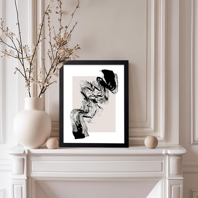 Poster Master Brush Waves Poster - Black Brush Wave Stroke Print - Abstract Design - Drawing Artwork - Mid Century Modern Art - Minimal Design - Living Room or Bedroom Wall Decor - 11x14 Black Framed