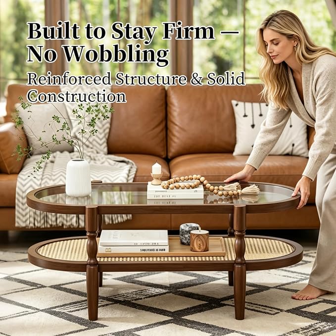 Rattan Coffee Table, Oval Cocktail Table with Glass Top and Solid Wood Frame, Boho Indoor & Outdoor Coffee Table, Walnut, 40 in
