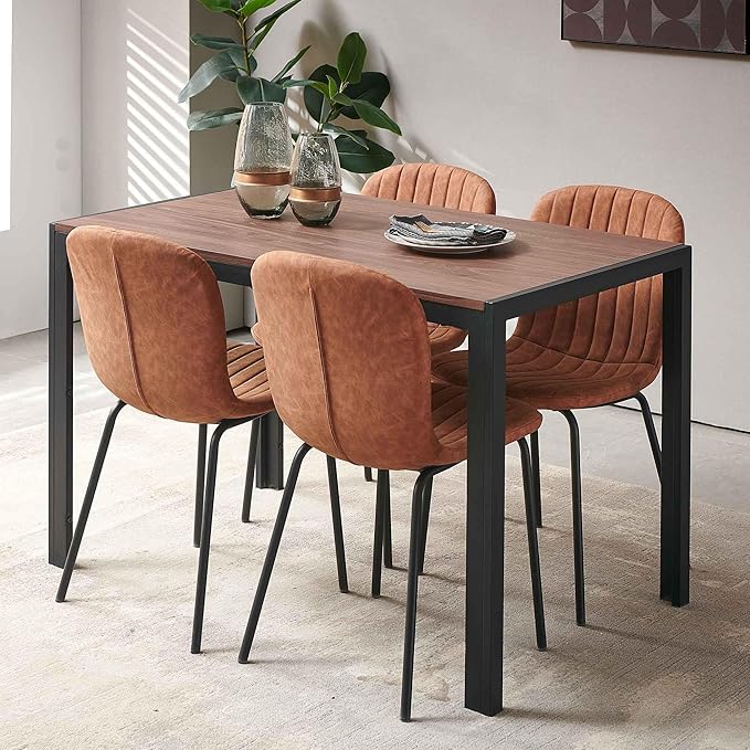 NORDICANA 5 - Piece Dining Set, Industrial Style 47 in Kitchen Table with Brown Faux Leather Dining Chairs for 4 Person, Dining Room Table Set for Dinette, Breakfast Nook Breakfast Nook