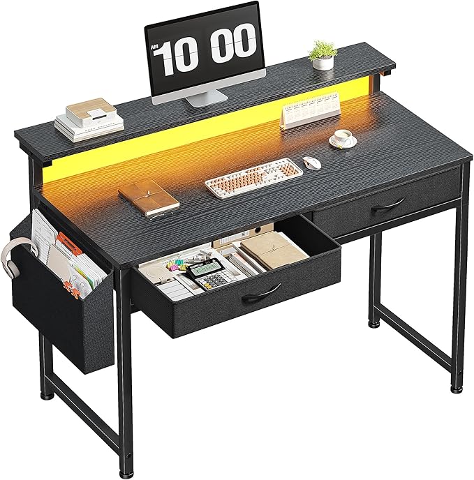 DurayLoly Gaming Desk with LED Lights & 2 Fabric Drawers, 39.4Inch Home Office Computer Desk with Side Pocket & Ergonomic Monitor Stand, Small Space Study Writing Table with Anti-Tip Design,Black