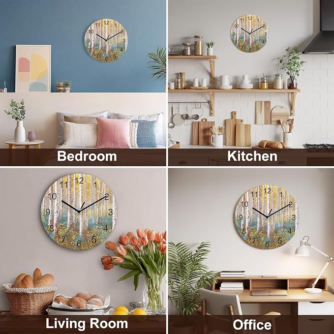 Trees Yellow Blue Forest Painting Art Style Wall Clock Battery Operated Non-Ticking 10" Round Wood Clocks, Kitchen Wall Clock for School Bathroom Living Room Home Office Wall Decor