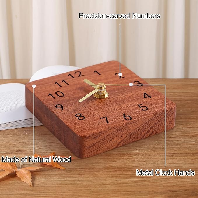 Wooden Table Clock on Stand, Decorative Battery Operated Desk and Shelf Clock, Silent Non-Ticking Desktop Clock for Office, Living Room or Bedroom Decor, Square Shape, Sapele Wood