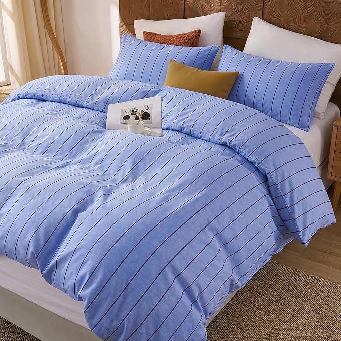 Merryword Blue Striped Duvet Cover Set King Size, 100% Cotton Denim Blue Bedding Set with Zipper Closure & 8 Corner Ties, Luxury Linen Like Bedding, Soft Breathable Comforter Cover for All Seasons